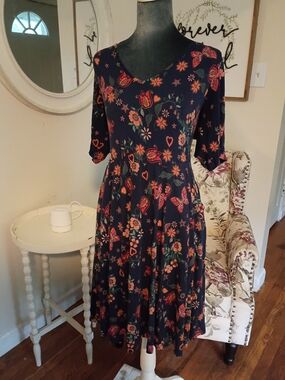 torrid Sz. 1 Navy Floral Midi Dress Orange Coral Soft Comfy Trendy Women's Plus